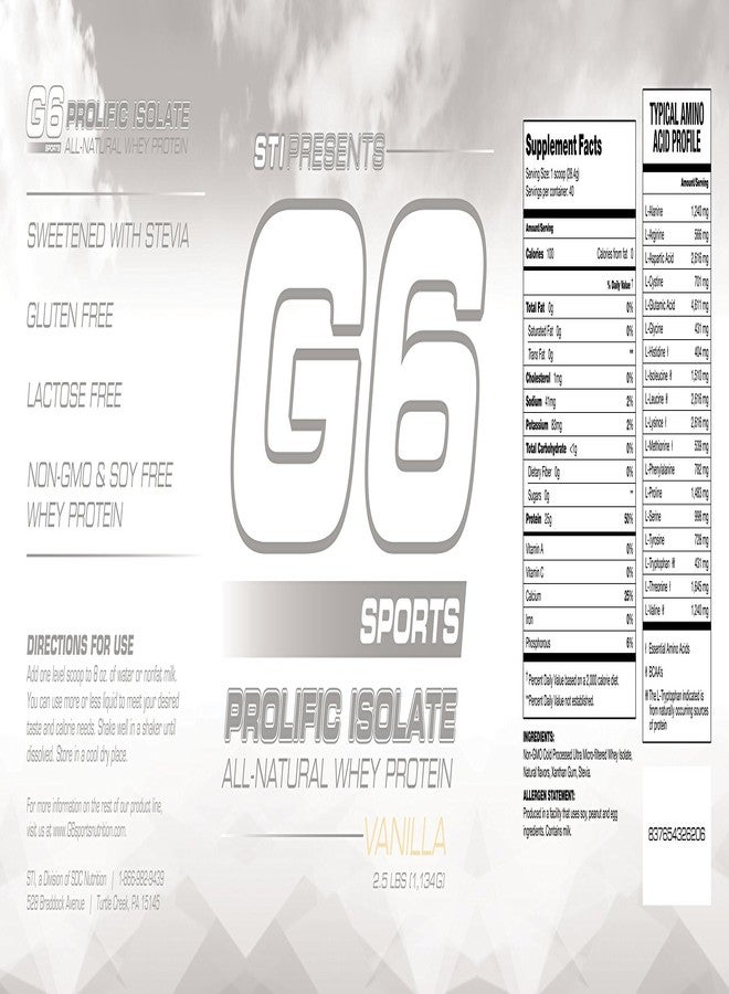 STI G6 Sports Prolific Isolate Whey Protein - Vanilla 2.5 lb(s). - Image 3