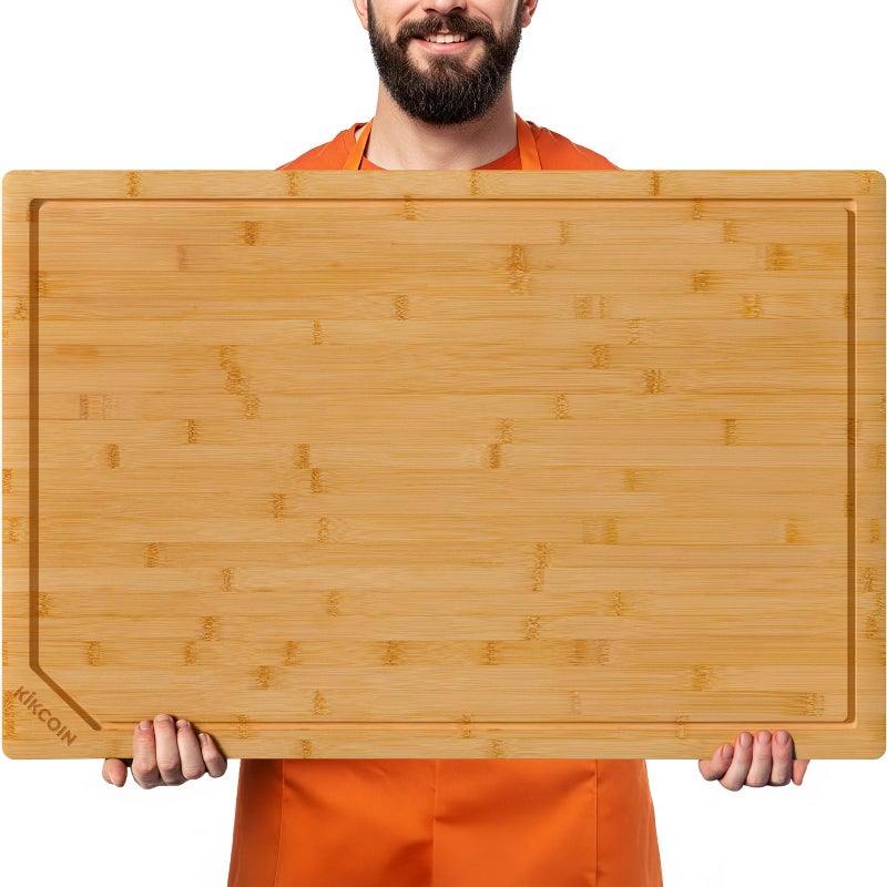 Kikcoin 36â€Ã—24â€ Bamboo Cutting Boards for Kitchen, Heavy Duty Wooden Cutting Boards, Healthy Extra Large Chopping Boards with Deep Juice Groove and Handle, Oversized Stove Top Cover, Natural - Image 1