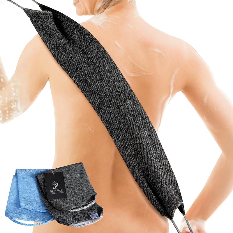CASAVIDA Back Scrubber for Shower Nylon Bath Towel Washer Exfoliating Washcloth Rear Japanese Stretchable Strap Wash Cloth Body Exfoliation 2 Pack Blue  Charcoal Gray
