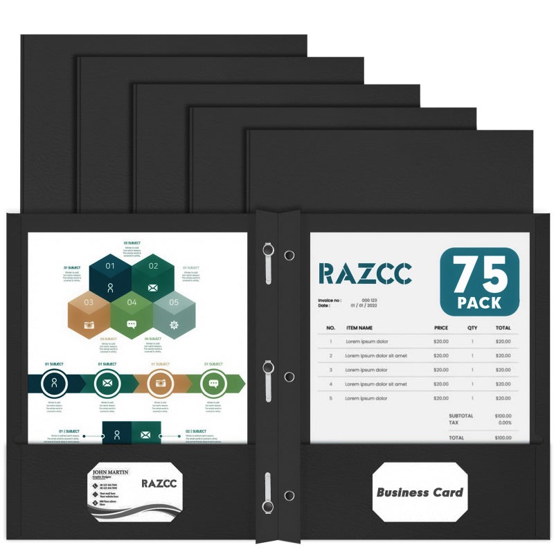 RAZCC Two Pocket Folders, RAZCC 75 Pack Two Pocket Folders with Prongs, 3 Prong Folders Fit Letter Size Paper, Pocket File Folders for School Office Home Business, Black - Image 1