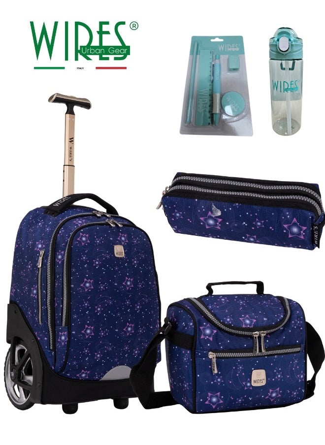 Wires 3 Piece Kids School Trolley Bag laptop compartment Big Wheels With Lunch bag & Pencil Case  - Image 1