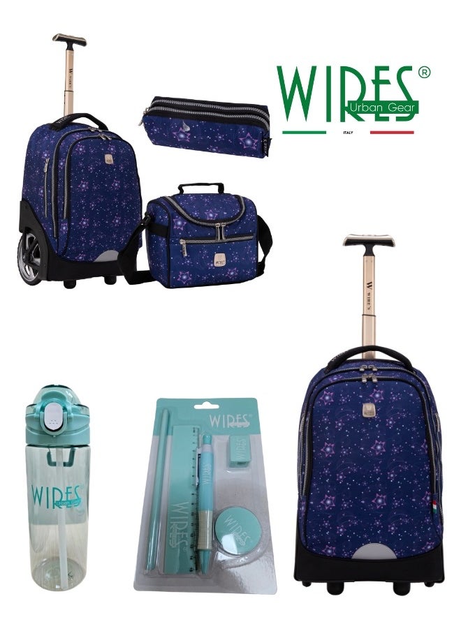 Wires 3 Piece Kids School Trolley Bag laptop compartment Big Wheels With Lunch bag & Pencil Case  - Image 5