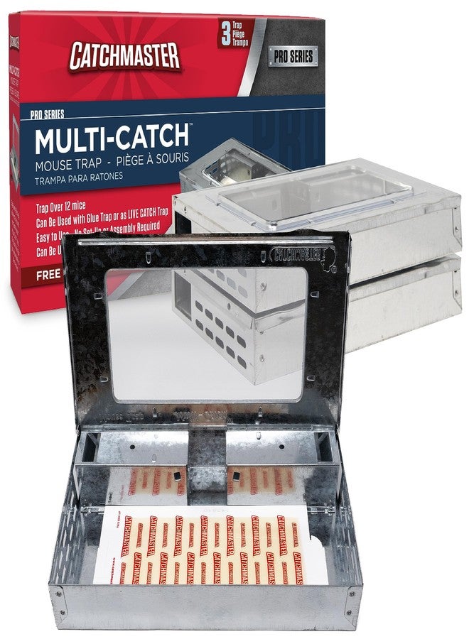 Catchmaster Multi-Catch Mouse Trap - 3 Count, Ready to Use Indoors & Outdoors. Glue Adhesive Sticky Board Metal Long-Lasting Reusable Simple Humane Non-Toxic Pet-Safe Child-Safe - Image 1