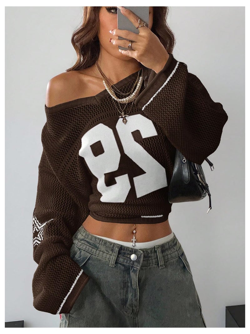 Verdusa Women's Y2k Tops Jersey Shirts Oversized Crochet Graphic Going Out Tops V Neck Pullover Sweater Streetwear Brown Medium - Image 3