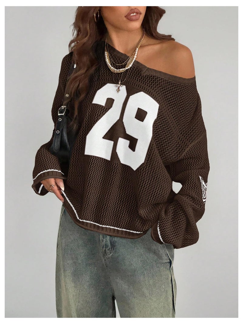 Verdusa Women's Y2k Tops Jersey Shirts Oversized Crochet Graphic Going Out Tops V Neck Pullover Sweater Streetwear Brown Medium - Image 4