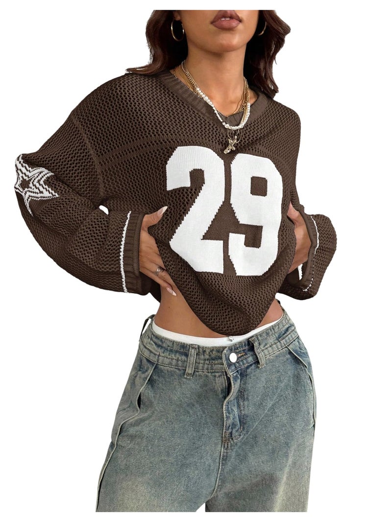 Verdusa Women's Y2k Tops Jersey Shirts Oversized Crochet Graphic Going Out Tops V Neck Pullover Sweater Streetwear Brown Medium - Image 1