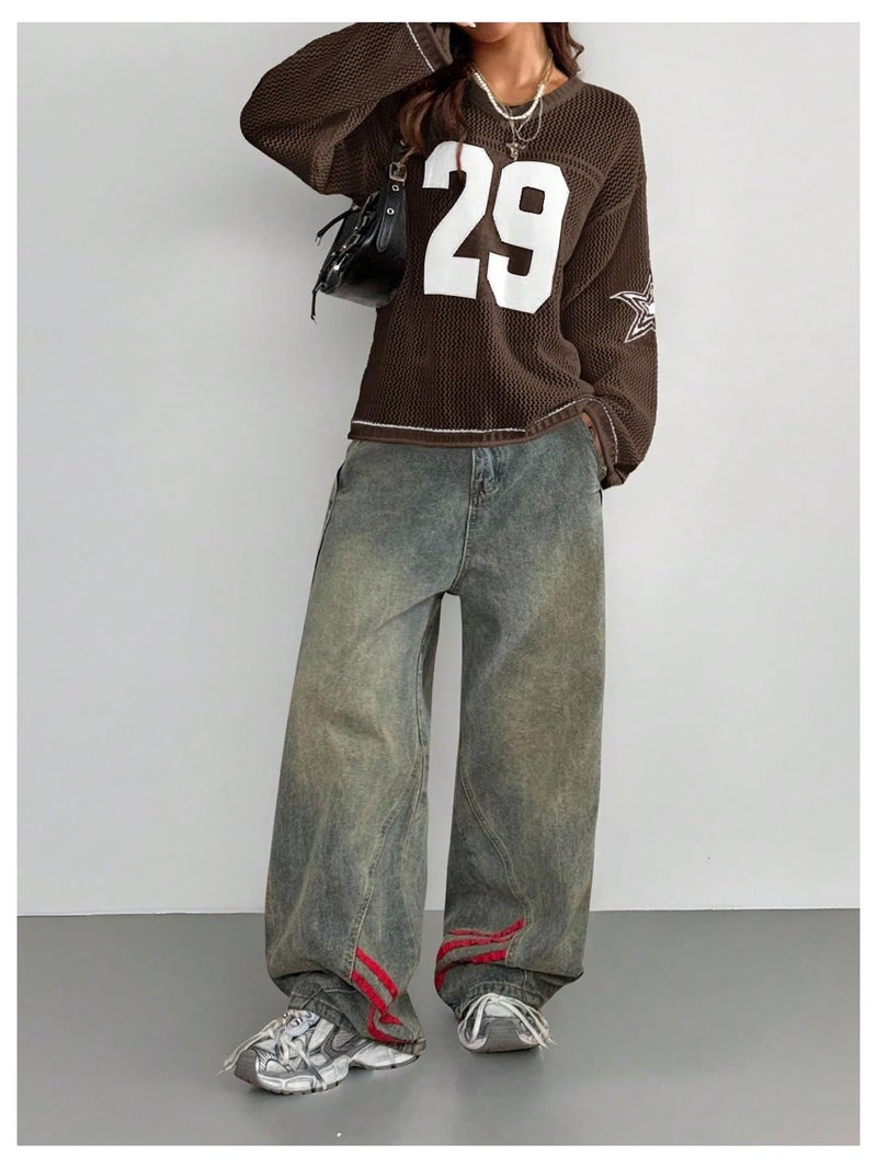Verdusa Women's Y2k Tops Jersey Shirts Oversized Crochet Graphic Going Out Tops V Neck Pullover Sweater Streetwear Brown Medium - Image 5
