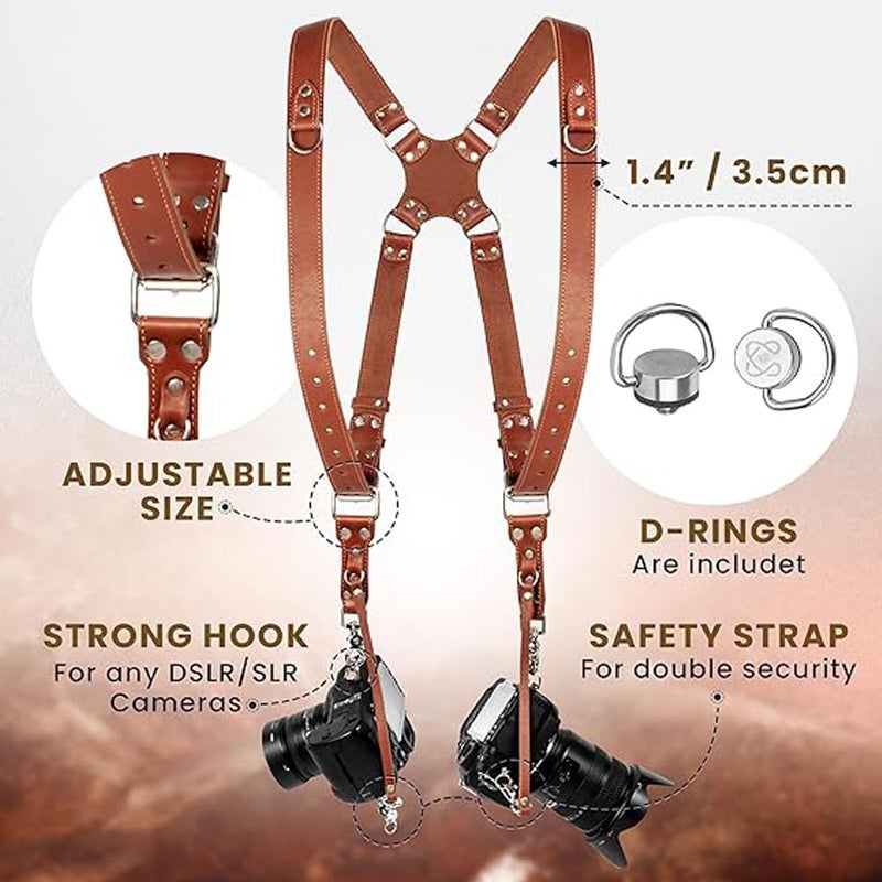 coku Dual Camera Leather Strap Adjustable DSLR/SLR Camera Strap Dual Shoulder Camera Harness Accessories for Two Cameras Multi Camera Gear for Photographers |Quick Release, Universal Fit - Image 2