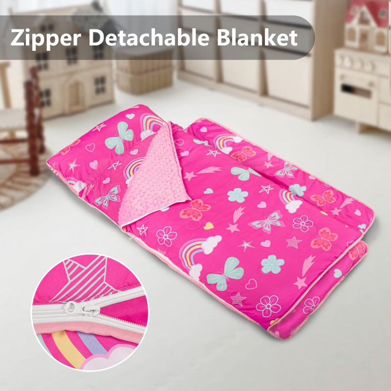 Primlect Toddler Nap Mat Extra Large Thickened 55''x35'', Soft Sleeping Bag with Detachable Minky Blanket and Pillow, Portable for Daycare, Preschool, Kindergarten, Travel, Girls (Rainbow Butterfly) - Image 2