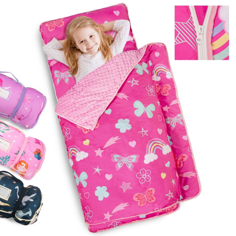 Primlect Toddler Nap Mat Extra Large Thickened 55''x35'', Soft Sleeping Bag with Detachable Minky Blanket and Pillow, Portable for Daycare, Preschool, Kindergarten, Travel, Girls (Rainbow Butterfly) - Image 1