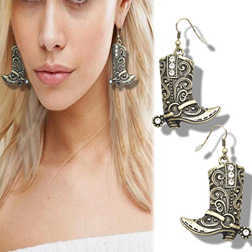 RechicGu Vintage Golden Color Western West Cowgirl Texas Boots Spur Dangle Drop Earrings Rodeo Boho Fancy Dress Costume - Image 2