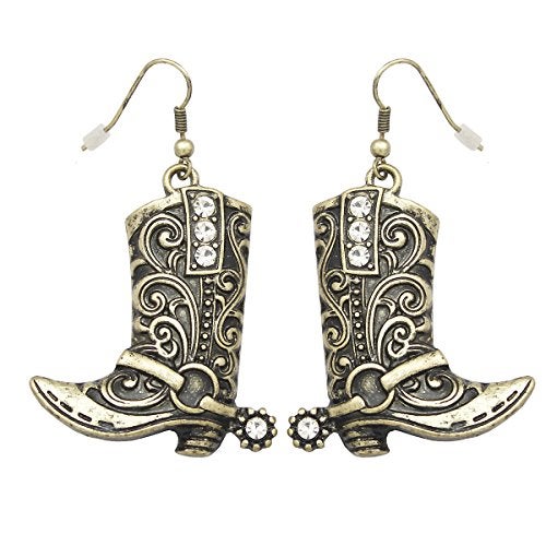 RechicGu Vintage Golden Color Western West Cowgirl Texas Boots Spur Dangle Drop Earrings Rodeo Boho Fancy Dress Costume - Image 1