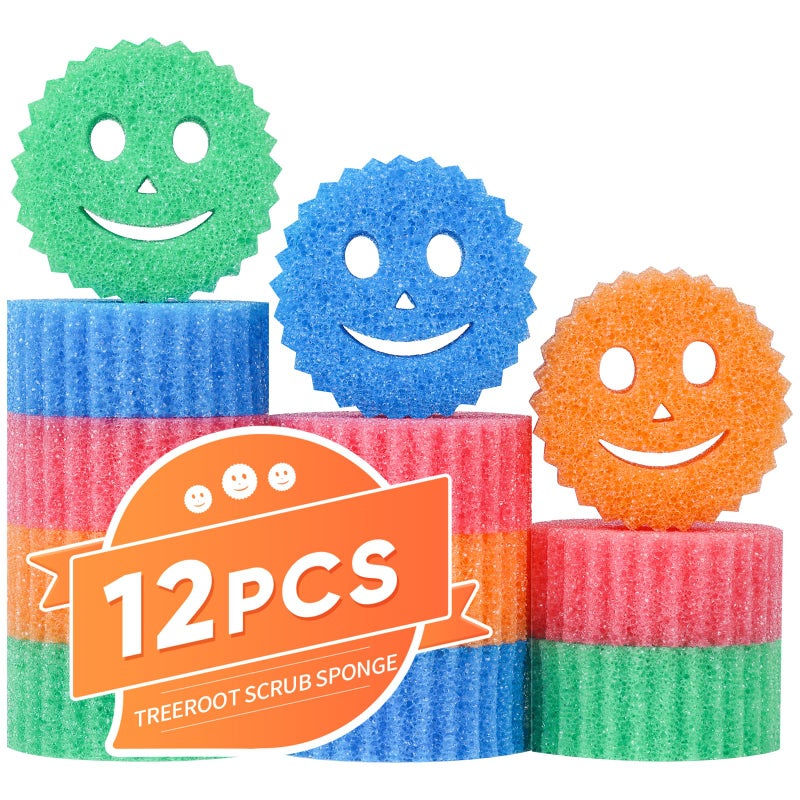 Treeroot 12 Colorful Smile Scrub Sponges, Temperature Controlled Dish Sponge, Bulk Kitchen Sponges for Cleaning, Multi Functional Cleaning Sponge for Kitchen, Bathroom, Floor - Image 1
