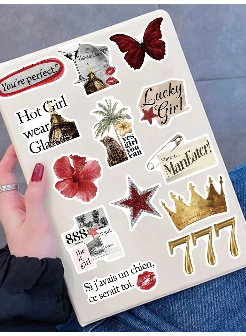 50PCS Y2K Golden & Red Lucky Girl Stickers – Waterproof PVC Fashion Cartoon Decals, Trendy DIY Decorative Stickers for Scrapbook, Journal, Laptop, Phone Case, Luggage, Guitar, Cup & Creative Collage - Image 2