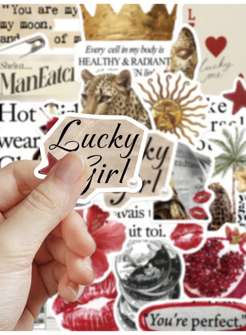50PCS Y2K Golden & Red Lucky Girl Stickers – Waterproof PVC Fashion Cartoon Decals, Trendy DIY Decorative Stickers for Scrapbook, Journal, Laptop, Phone Case, Luggage, Guitar, Cup & Creative Collage - Image 5