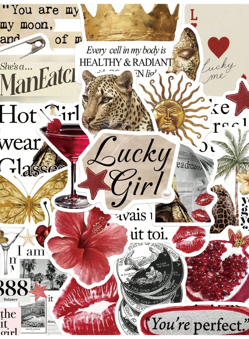 50PCS Y2K Golden & Red Lucky Girl Stickers – Waterproof PVC Fashion Cartoon Decals, Trendy DIY Decorative Stickers for Scrapbook, Journal, Laptop, Phone Case, Luggage, Guitar, Cup & Creative Collage - Image 1