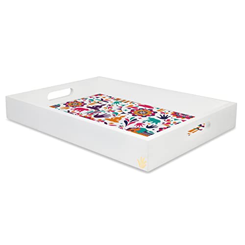 BRAHMA DESIGN Serving Tray | India Design with White Border | Rectangular 10" x 14" Wooden Tray for Serving | Tray for Decoration with Cut-Out Handles - Image 4
