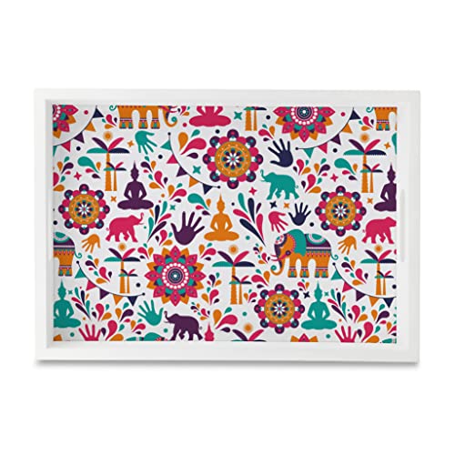 BRAHMA DESIGN Serving Tray | India Design with White Border | Rectangular 10" x 14" Wooden Tray for Serving | Tray for Decoration with Cut-Out Handles - Image 1