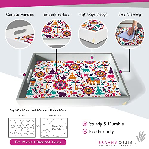BRAHMA DESIGN Serving Tray | India Design with White Border | Rectangular 10" x 14" Wooden Tray for Serving | Tray for Decoration with Cut-Out Handles - Image 3