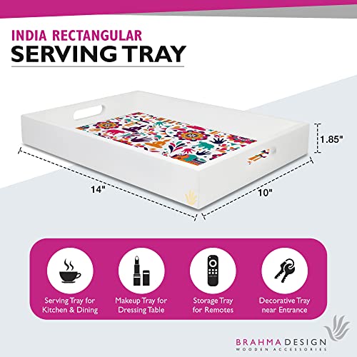 BRAHMA DESIGN Serving Tray | India Design with White Border | Rectangular 10" x 14" Wooden Tray for Serving | Tray for Decoration with Cut-Out Handles - Image 2