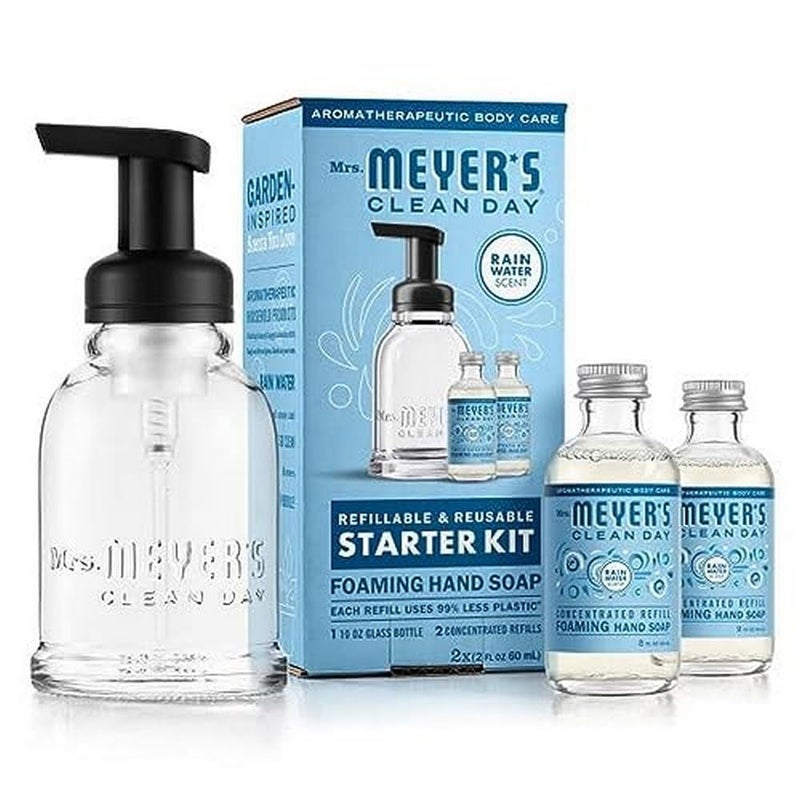 Mrs. MEYER'S CLEAN DAY Foaming Hand Soap Dispenser & Concentrate Starter Kit,1 Glass Dispenser (10 Fl. Oz.) & 2 Concentrated Refills (2 Fl.Oz. each),Rain Water, Makes 20 Fl. Oz. of Foaming Soap Total - Image 1