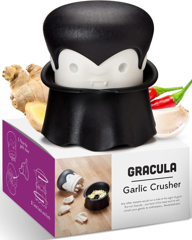 OTOTO Gracula Garlic Crusher, Garlic Peeler, Also for Ginger, Nuts, Chili, Herbs - Twist Top Mincer & Easy Squeeze Manual Press Peeler, Goth Gifts - Image 1