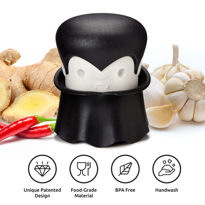 OTOTO Gracula Garlic Crusher, Garlic Peeler, Also for Ginger, Nuts, Chili, Herbs - Twist Top Mincer & Easy Squeeze Manual Press Peeler, Goth Gifts - Image 2
