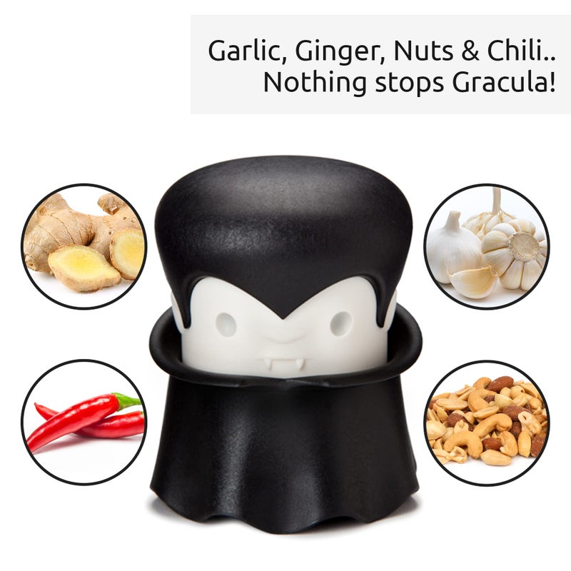 OTOTO Gracula Garlic Crusher, Garlic Peeler, Also for Ginger, Nuts, Chili, Herbs - Twist Top Mincer & Easy Squeeze Manual Press Peeler, Goth Gifts - Image 4