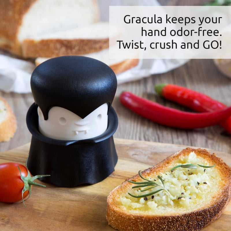 OTOTO Gracula Garlic Crusher, Garlic Peeler, Also for Ginger, Nuts, Chili, Herbs - Twist Top Mincer & Easy Squeeze Manual Press Peeler, Goth Gifts - Image 3