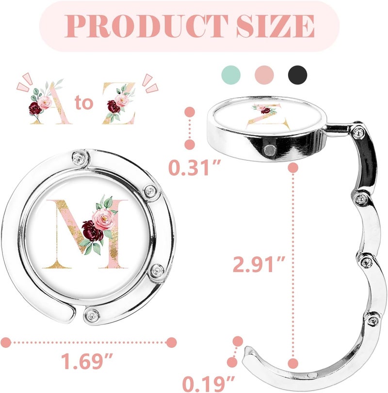 Iqimott 3pcs Personalized Initial Foldable Purse Hook for Table, Flower Letter Folding Handbag Hanger Portable Magnet Table Hook Holder, Collection Desk Purse Hooks for Women Bag (Pink-M) - Image 2