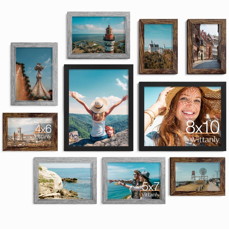 Vittanly Picture Frames Set of 10 Picture Frames Collage Wall Decor with Two 8x10 Four 5x7 and Four 4x6 Photo Frames Gallery Wall Frame Set for Wall or Tabletop Display BlackBrownGrey