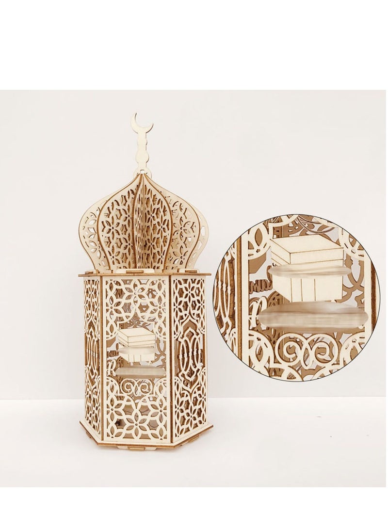 ضوء زخرفي خشبي لرمضان مع LED، فانوس مفرغ مبتكر لتقوم بتجميعه بنفسك، مثالي كهدية لعيد الفطر ورمضان، 24×10×10 سم - Image 5