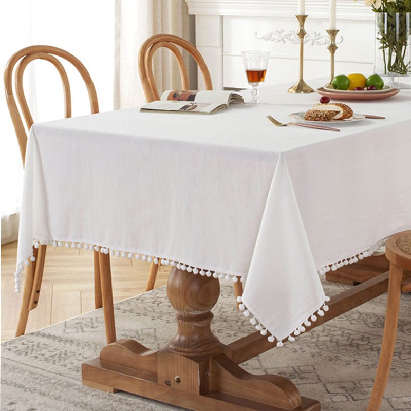 Fhberni Fhberni Farmhouse Solid Color Cotton Square Tablecloth Fabric Pompom Tassel Washable Table Cover for Kitchen Dinning Picnic Holiday Decoration55 x 55 White