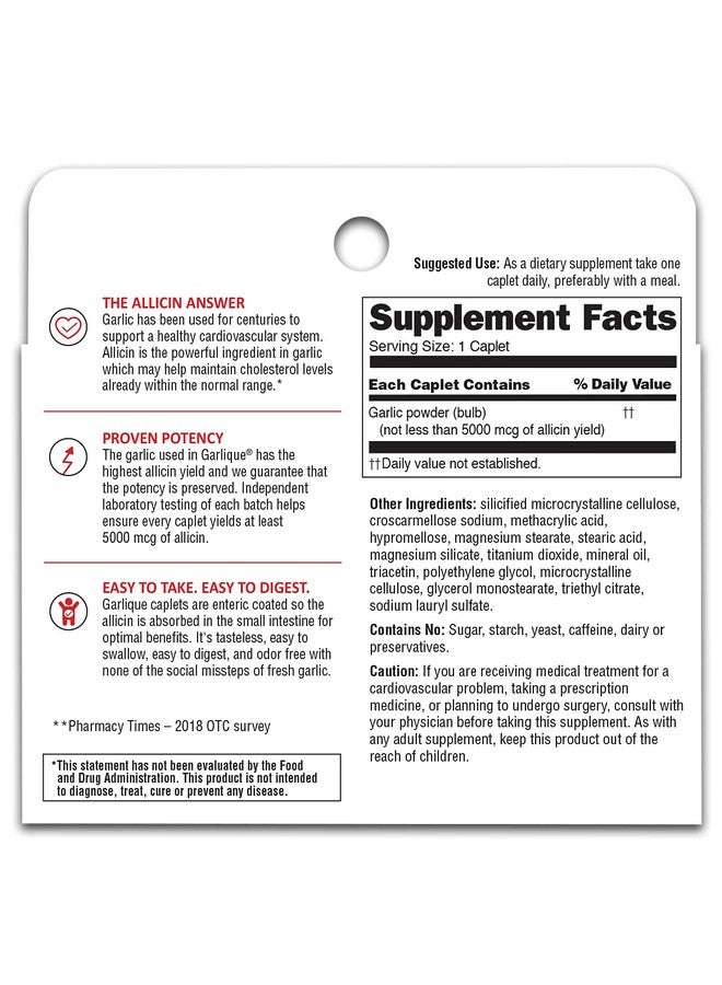Garlique Healthy Cholesterol Formula with 5000 mcg of Allicin, 60 Enteric Coated Caplets (Pack of 5) - Image 4