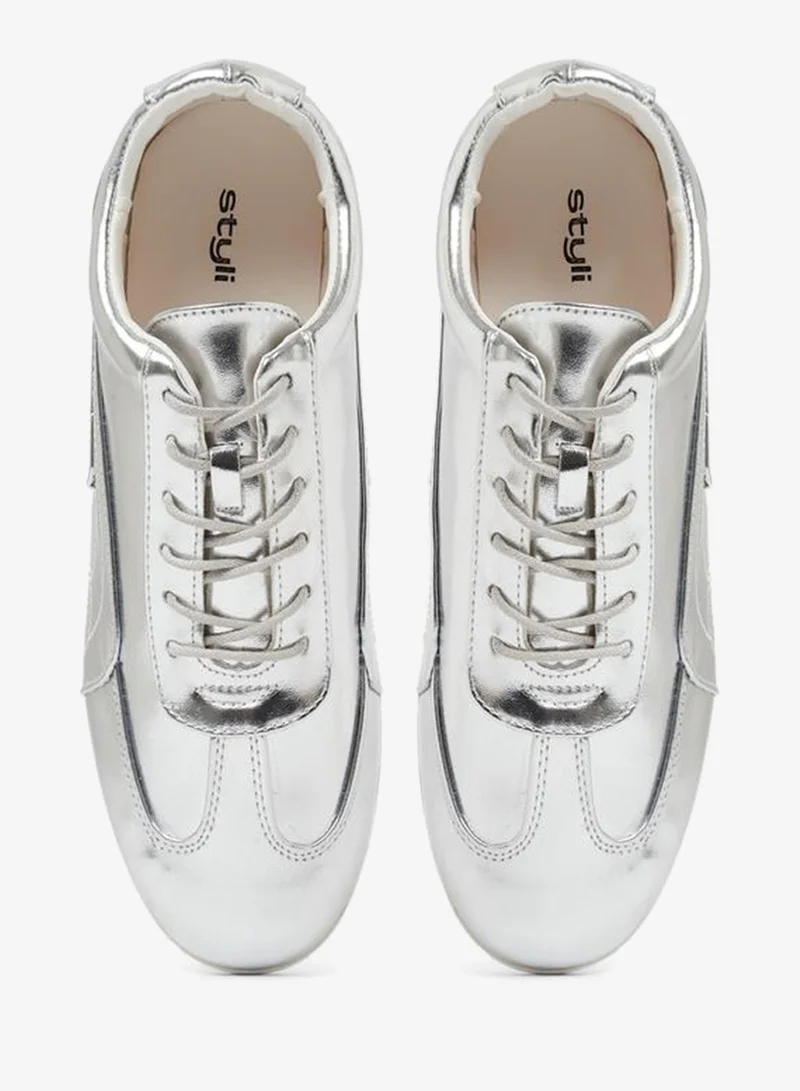 Styli  Silver Metallic Lace-Up Sneakers for Women | Best Price UAE