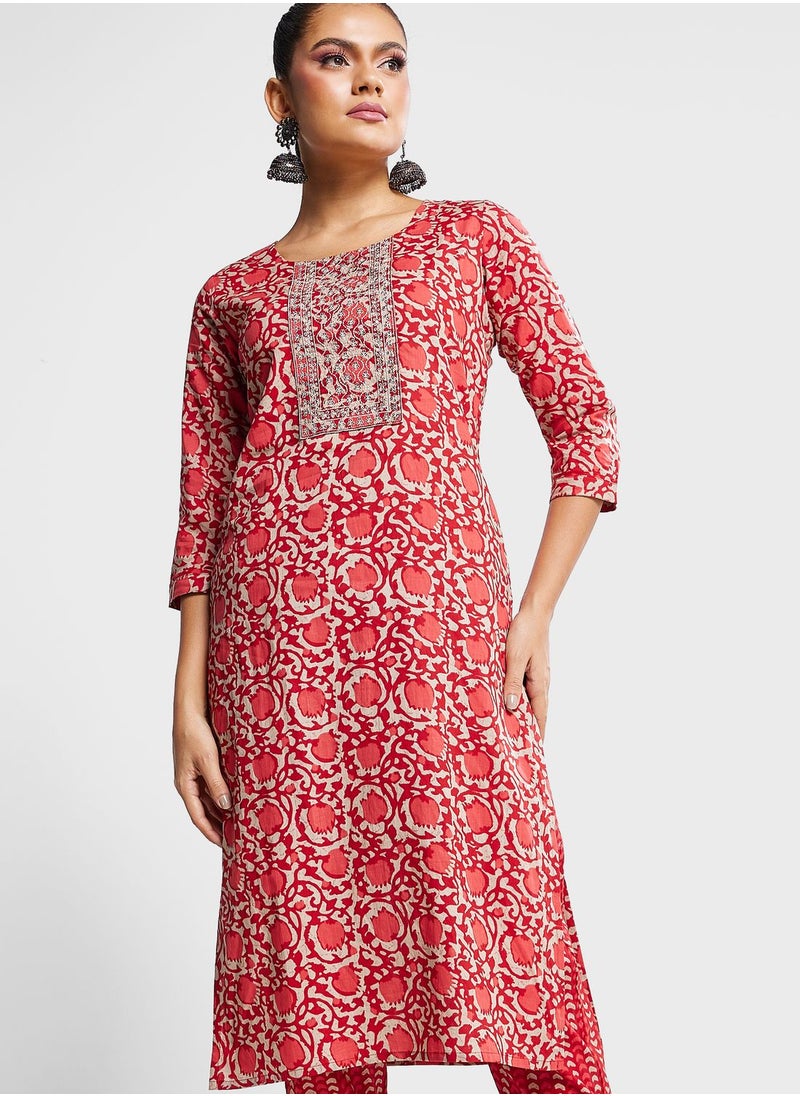 indya - Floral Print Kurti & Pants Set - Image 1