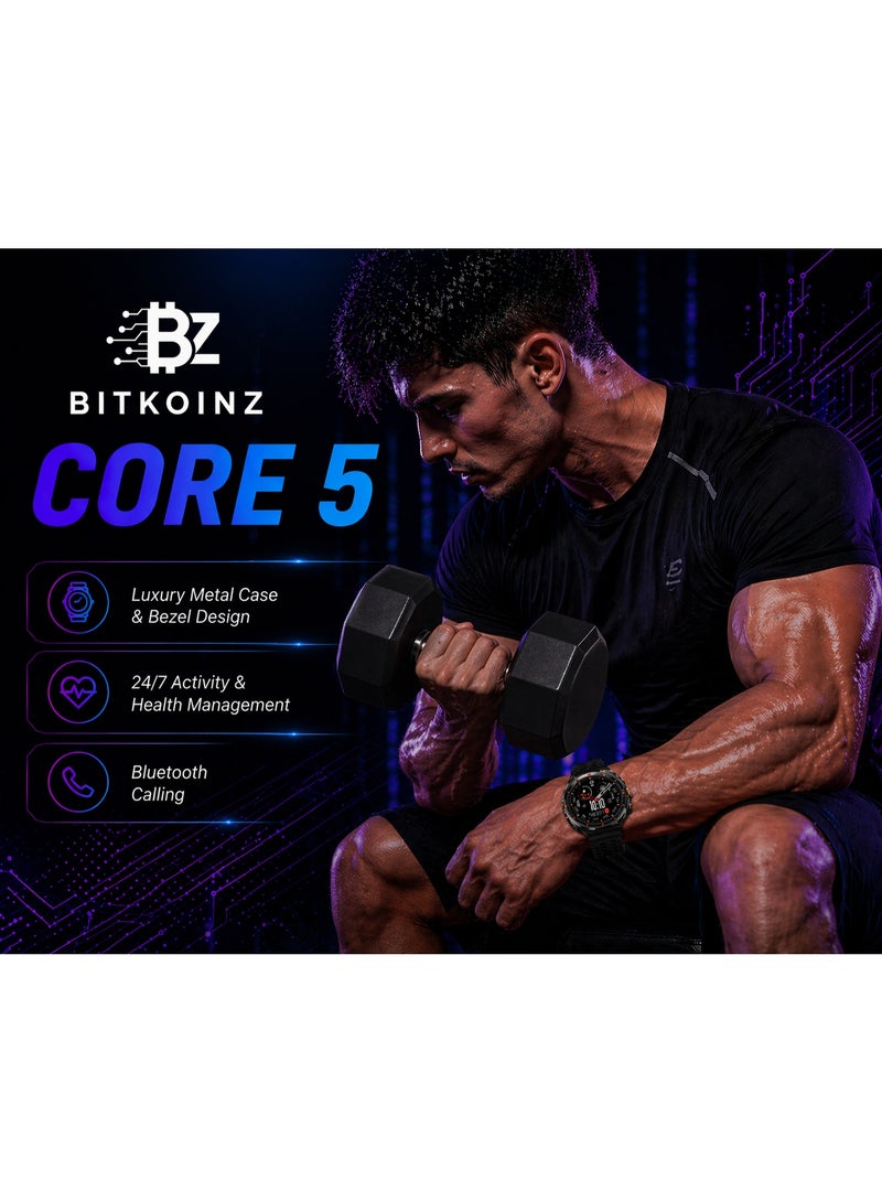 بيتكوينز Bitkoinz Core 5 ساعة ذكية، شاشة AMOLED بحجم 1.43 بوصة، عمر بطارية يصل إلى 7 أيام، مقاومة للماء بمعيار 1ATM، تصميم فاخر بإطار وهيكل معدني، تتبع النشاط والصحة على مدار 24/7 - Image 2