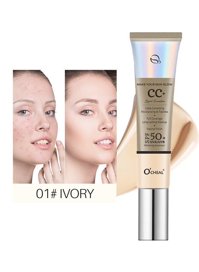 OCHEAL CC+ Color Correcting Cream, Full Coverage Foundation With SPF 50+ Whitening Sunscreen, Color Correcting And Brightening Face Cream, Skin Tone Adjusting CC Cream, #Ivory - Image 1