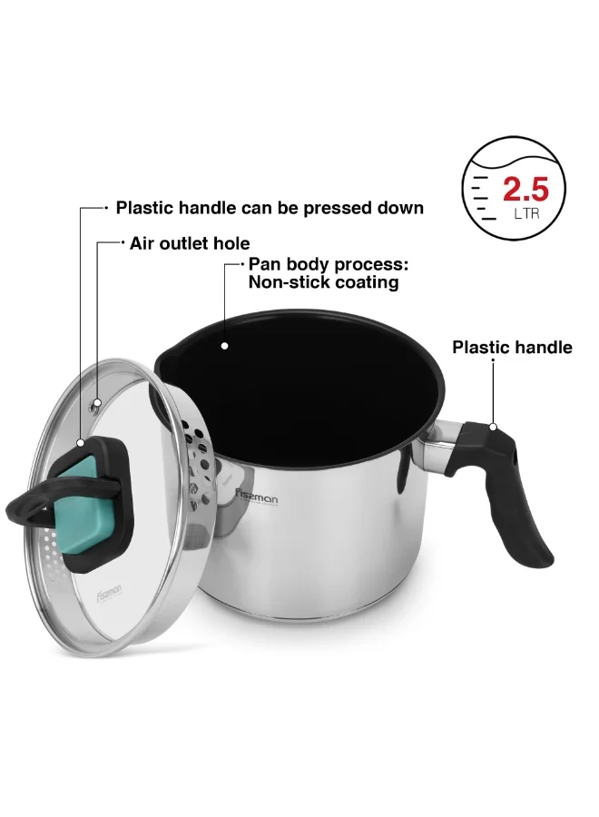 فيسمان Milk Pot 2.5L, Non-Stick Stainless Steel Milk Warmer | Greblon C2 Non-Stick Coating by German Technology |18/10 INOX304 Mirror-Finished | Bakelite Handle | Induction Bottom for all Cooktops