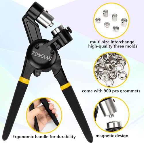 zonglan Heavy Duty Grommet Tool Kit of 1/2" 5/16" and 3/8",Multi Size Handheld Eyelet Tool Plier Rivet Press with 900 pcs Silver Grommets for Tarp Leather Fabric - Image 3
