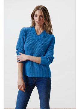 Tchibo Women V-Neck Knitted Sweater, Blue  - Image 1