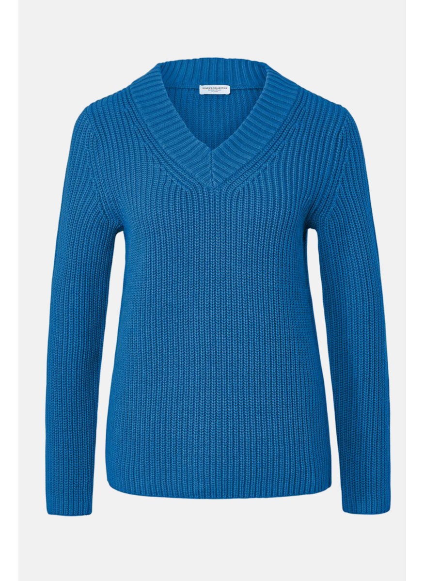 Tchibo - Women V-Neck Knitted Sweater, Blue - Image 1