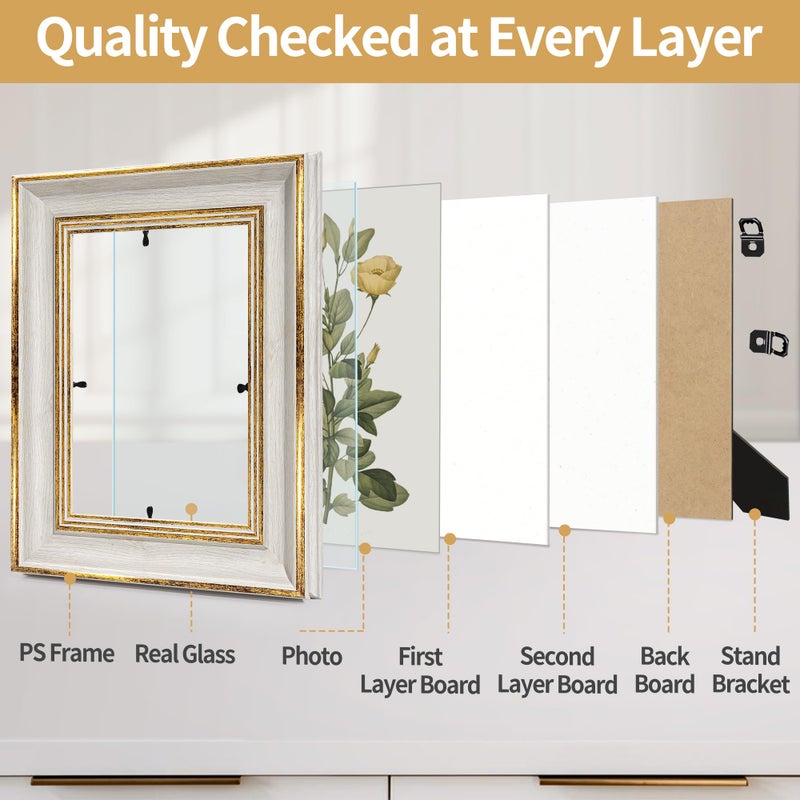 Sapowerntus Vintage 5x7 Picture Frame White Distressed Gold Edging Photo Frames Set Antique Real Glass Wall Hanging Tabletop Display Gallery Wall Decor Elegant Victoria Retro Gift - Image 3
