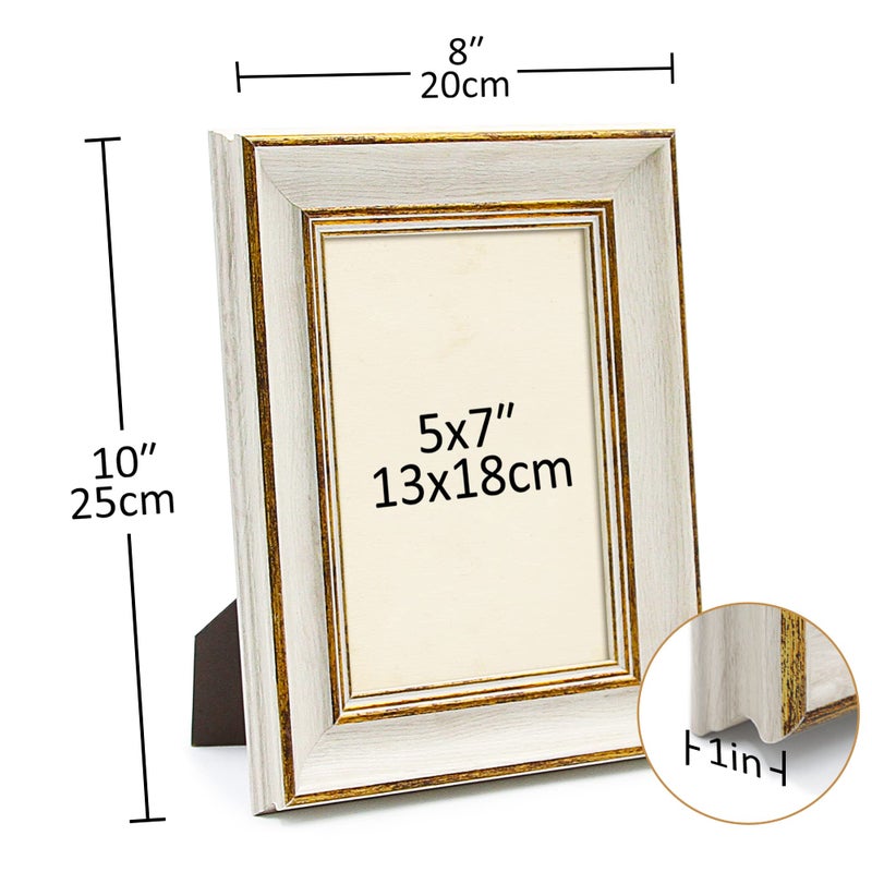 Sapowerntus Vintage 5x7 Picture Frame White Distressed Gold Edging Photo Frames Set Antique Real Glass Wall Hanging Tabletop Display Gallery Wall Decor Elegant Victoria Retro Gift - Image 2