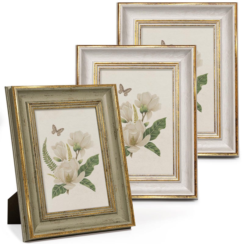 Sapowerntus Vintage 5x7 Picture Frame White Distressed Gold Edging Photo Frames Set Antique Real Glass Wall Hanging Tabletop Display Gallery Wall Decor Elegant Victoria Retro Gift - Image 1