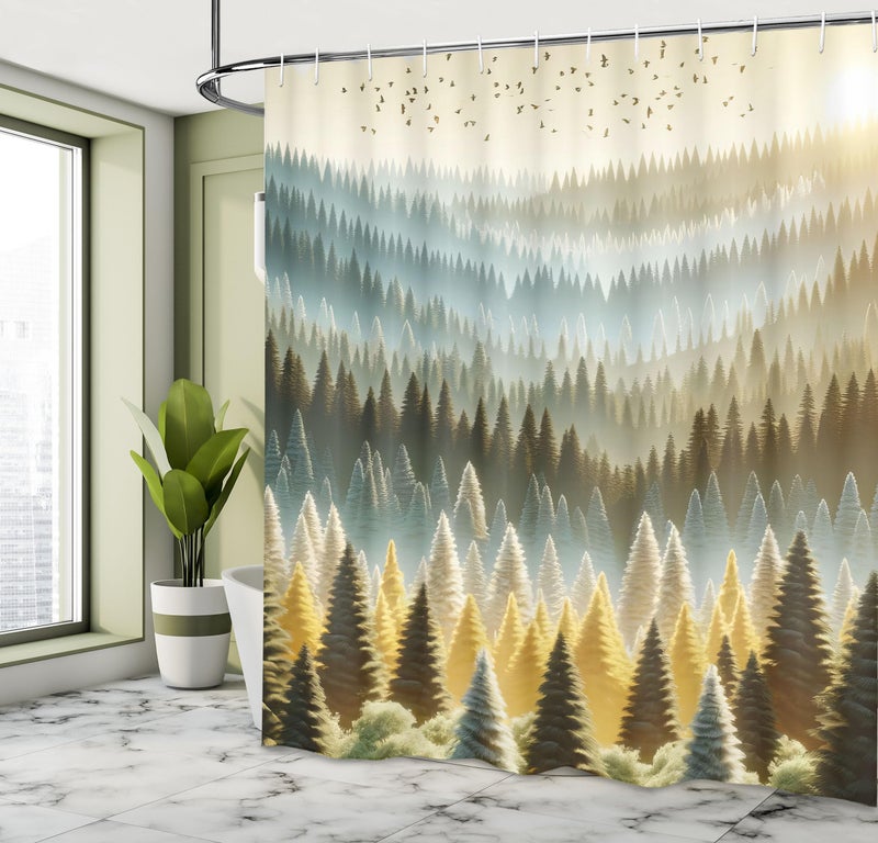 Ambesonne Yellow Shower Curtain  Fantasy Sunrise Scenario of Forest Trees with Mountains and Birds  Cloth Fabric Bathroom Decor Set with Hooks  69"" W x 70"" L  Soft Blue Emerald and Mustard - Image 1