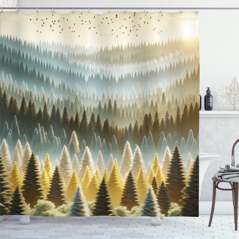 Ambesonne Yellow Shower Curtain  Fantasy Sunrise Scenario of Forest Trees with Mountains and Birds  Cloth Fabric Bathroom Decor Set with Hooks  69"" W x 70"" L  Soft Blue Emerald and Mustard - Image 2