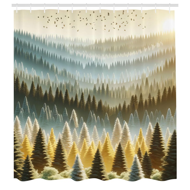 Ambesonne Yellow Shower Curtain  Fantasy Sunrise Scenario of Forest Trees with Mountains and Birds  Cloth Fabric Bathroom Decor Set with Hooks  69"" W x 70"" L  Soft Blue Emerald and Mustard - Image 3