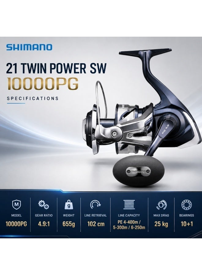 شيمانو Shimano 21 Twin Power SW 10000PG بكرة صيد للرياضات المائية المالحة، صيد القوارب، صب على الشاطئ - Image 1