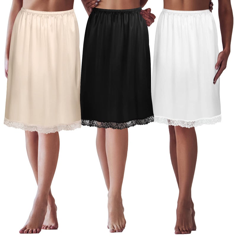 Zhanmai 3 Pieces Half Slips for Under Dresses Skirt Extenders Skirt Womens Half Slip Satin Anti Static Lace Long Underskirt Black White Apricot M Size